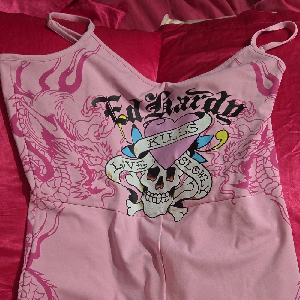 Ed Hardy Pink Skull Graphic Sleeveless Romper - Picture 9 of 12